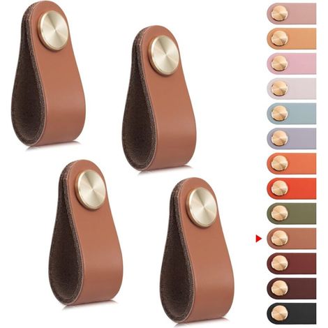 Set mit 4 Schranktürgriffen aus Messing und braunem Leder, 65 mm Länge, mit Schrauben für Schränke (1/5)