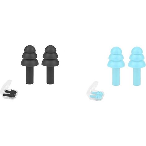 Bouchons d'oreilles en silicone souple, 2 paires noir et bleu, réutilisables avec étui, anti-bruit, idéaux pour natation, concerts, protection auditive, voyage et ronflement. (1/5)
