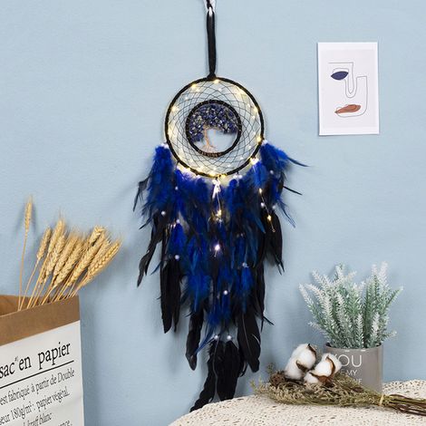 Acchiappasogni bohémien con luce e pietre naturali [Acchiappasogni] [Fatto a mano] [Piume, cristallo, filo di rame] per decorazioni per la casa e regali (60 cm, blu, 1 pezzo) (1/4)
