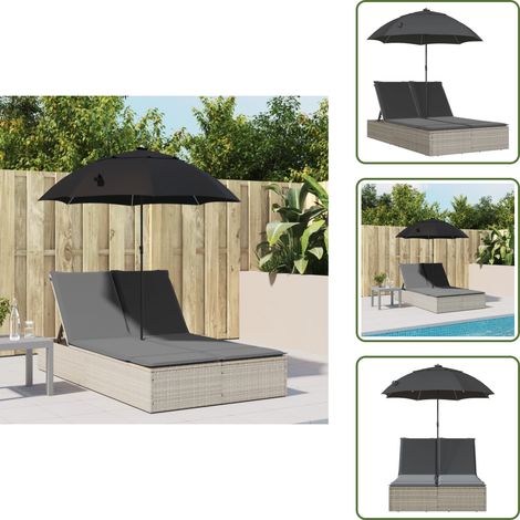 The Living Store Chaise longue double avec coussins et parasol gris clair rotin - Chaises Longues Doubles - Transats - Lit De Bronzage - Mobilier De Jardin - Chaises Extérieures