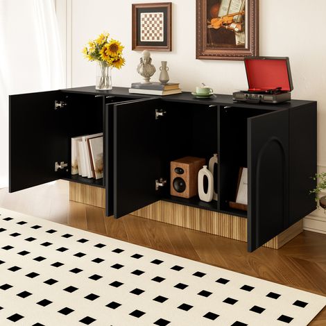 Aparador de 4 puertas, 160 x 38 x 75 cm, tablero de partículas negro y madera DESVIAE (1/5)