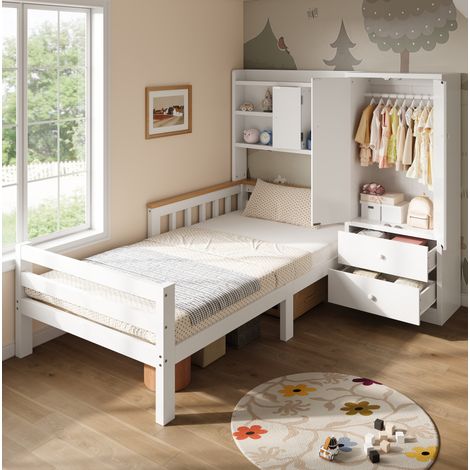 MODFU – Lit enfant 90x200 cm bois /MDF – Armoire intégrée, tiroirs et étagères – Barrière latérale et 150 kg – Chambre – Blanc (1/5)