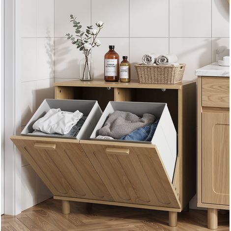 Mueble para ropa sucia basculante 66x35x67 cm MDF roble con 2 cestos extraíbles - CHICFURN (1/5)
