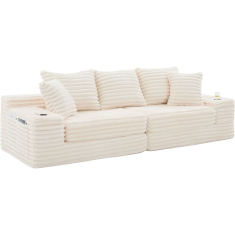 Sofá cama de tejido efecto terciopelo acanalado beige con respaldo alto y cojines (1/5)