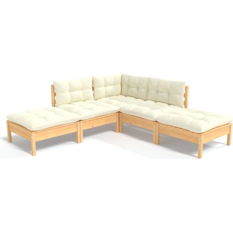Vidaxl – Salon de jardin 5 pcs – Coussins crème – Bois de pin massif – Dimensions canapé 63,5 x 63,5 x 62,5 cm – Capacité 110 kg par siège (1/5)