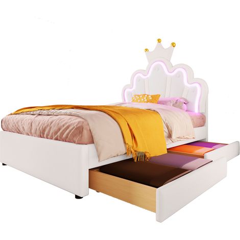 Lit enfant rembourré PU blanc 90x200 cm avec LED 16 couleurs, 2 tiroirs et tête de lit réglable (1/5)