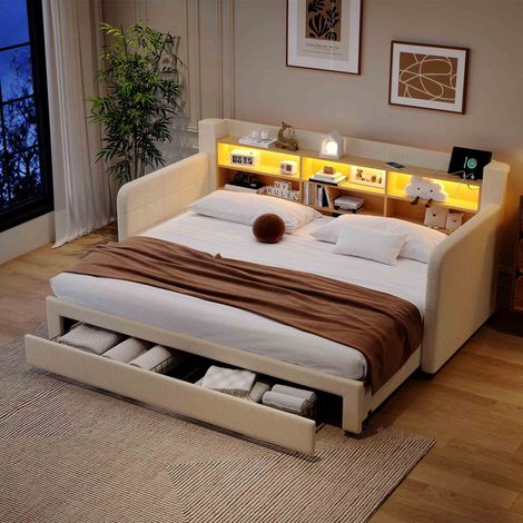Lit banquette extensible 90x200 cm avec lit gigogne, tiroirs de rangement, éclairage LED multicolore, tête de lit avec étagères, sommier, lin - Beige (1/5)