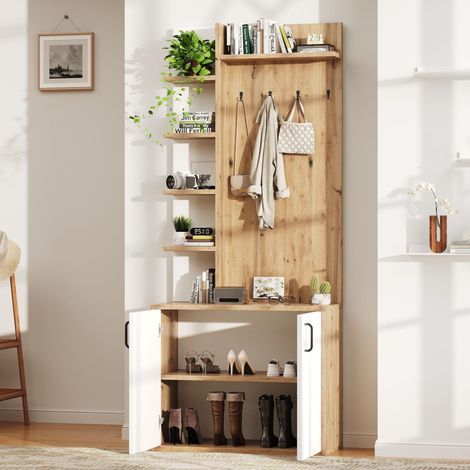 Porte-manteau 75 x 33 x 180 cm avec penderie, rangement à chaussures, meuble d'entrée avec patères, armoire d'entrée à 5 compartiments et placards de rangement, couleur bois naturel + blanc