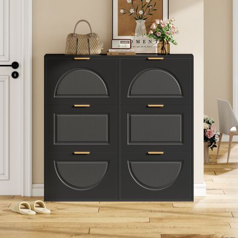 REDOM - Scarpiera 118x25x115 cm, 6 ripiani pieghevoli, soluzione di stoccaggio flessibile, in MDF e truciolato, nera (1/5)