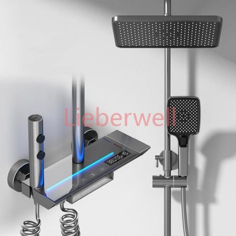 Wall Mounted Shower System with Digital Temperature Display, Hot and Cold Brass Shower Set, Shower Head and Bathroom Faucet, Chrome Finish, Adjustable Height (1/5)
