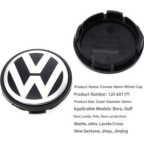 1x Cache Moyeu de Roue Compatible Volkswagen 56mm Convexe - Enjoliveur Central Jante avec Logo Bora, Sagitar, Lavida, Jetta, Magotan, Santana, Passat, Polo - Noir
