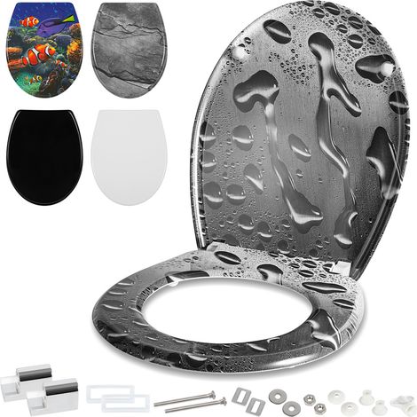 Jiubiaz Toilettendeckel WC-Sitz Klodeckel mit SoftClose Absenkautomatik, aus Harnstoff-Duroplast, einfache werkzeuglose Montage, hohe Stabilität, Universal Oval WC-Sitz, Graues Wassertropfen Muster (1/5)