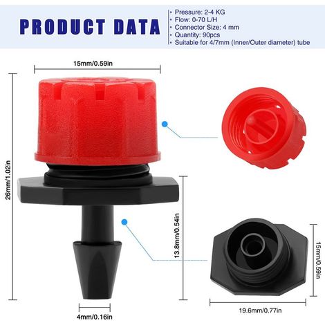 90 verstellbare Bewässerungstropfer, Mikroplastik-Tropfbewässerungstropfer für die Bewässerung, Sprinklerköpfe für Blumenbeete, Gärten und Rasenflächen, Rot (1/4)
