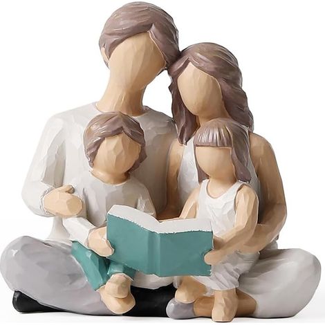 Famille de 4 Figurines de Livre de Lecture peintes à la Main en résine pour Parents ou Filles et Fils, décoration de