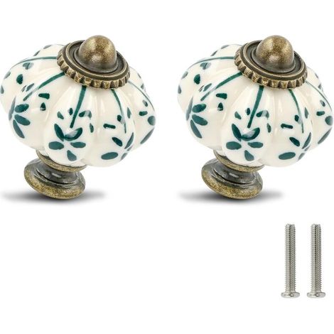 Lot de 2 poignées de tiroir en céramique ivoire et verte, style vintage, avec vis, motif fleur verte (1/5)
