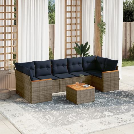 Ensemble de canapé de jardin 8 pièces avec coussins, gris, polyrotin (1/5)