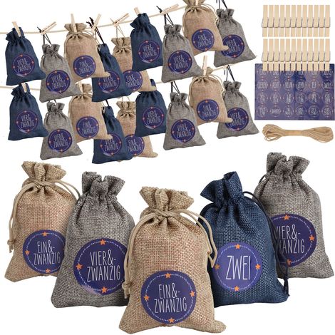 TolleTour Calendario dell'Avvento da riempire Natale, adesivi, 24 sacchetti tessuto, kit regalo fai da te, set creativo, decorazione, 24 pezzi, Blu/Beige/Grigio (1/5)