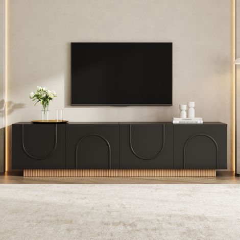 Meuble TV 170x38x42 cm avec 4 portes à relief arqué,passe-câbles,fermeture amortie,MDF et PB,noir (1/5)