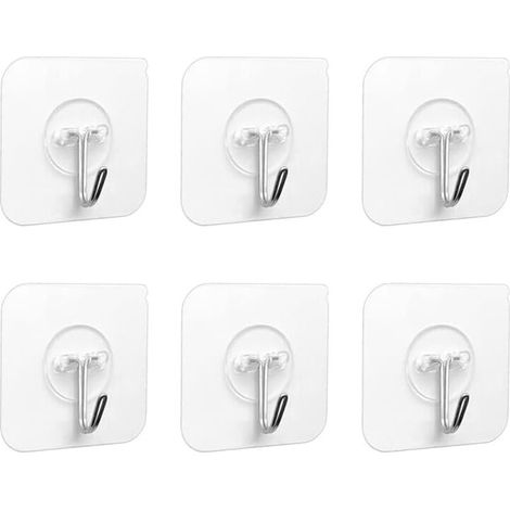 Adhesive Hooks - 6 Pack Transparent Self-Adhesive Hooks 5 kg (max), for Hanging Bathroom, Kitchen, Ceiling, Hanging, Wall, Door, Bathrobes, Towel Rack (6 Pack)