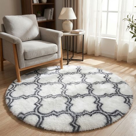 Alfombra redonda para salón, de pelo largo, antideslizante, suave y mullida, 140x140 cm, color blanco farol.