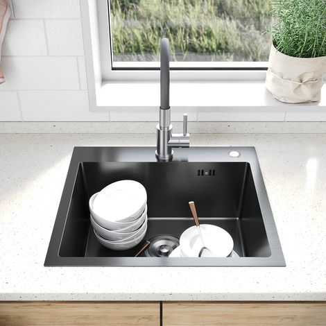ELEGANT Kitchen Sink Black Single Bowl Sinks Set with 360 Swivel Tap Dish Drainer Rack, Stainless steel 500×450×200mm (1/5)