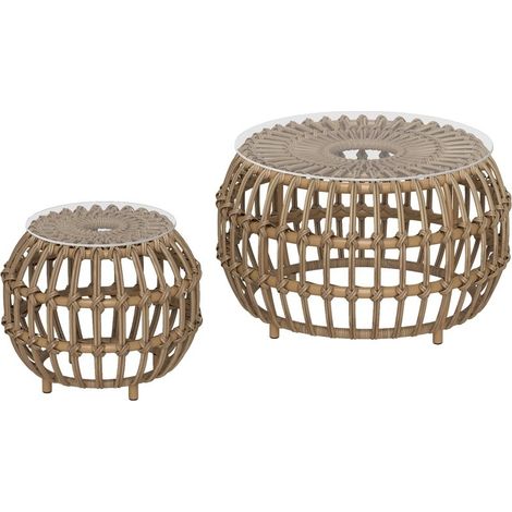 Lot de 2 tables d’appoint rondes en rotin PE marron résistantes aux intempéries avec plateau verre, diamètres 66 cm et 42 cm