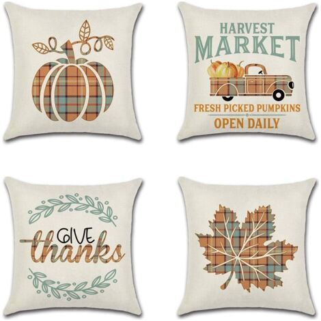Lot de 4 housses de coussin décoratives 45 x 45 cm, housses de coussin en lin polyester thème automne oreiller (1/5)