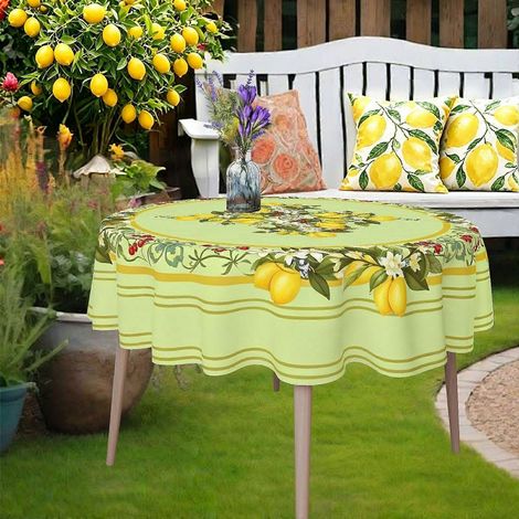 Nappe ronde 1 pièce, bordure vert clair doux et imprimé citron, nappe légère pour repas décontractés sur le thème des pique-niques. (1/4)