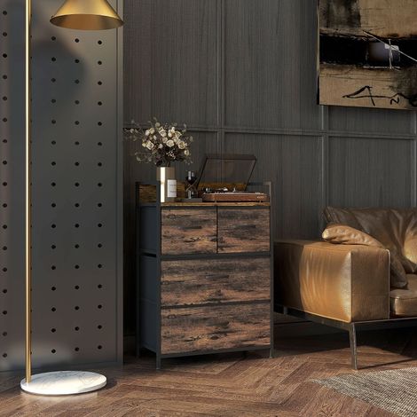 Credenza con 4 cassetti in poliestere marrone rustico e struttura in acciaio, 60x29x85 cm, stile industriale (1/4)