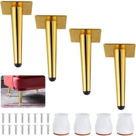 4PCS Pieds de Meuble en Métal 15CM Pieds de Canapé avec Vis et Tapis Antidérapants, Pieds pour Table Lit Canapé, Doré