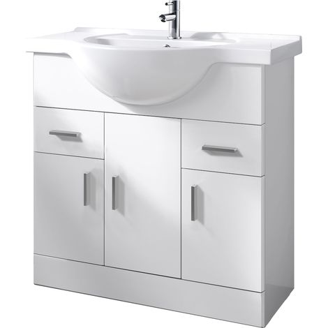 Bathroom Basin Vanity Unit Soft Close Door 850mm Gloss White (1/4)
