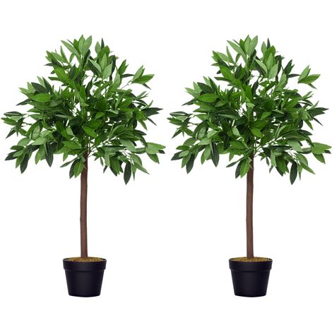Alberi di alloro artificiali 0,90 m H - Set di 2 alberi di alloro artificiali a palla - 564 foglie realistiche per pianta - Vaso incluso Nero Verde