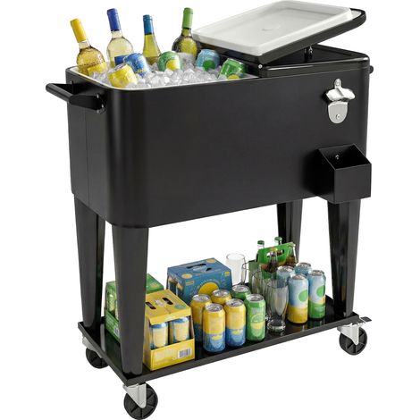 Carrello Frigo 76L con Ripiano, Apribottiglie e Raccoglitore Tappi, in Plastica e Acciaio, 91x39x84.5 cm, Nero