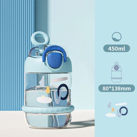Gourde enfant 450 ml en plastique étanche et anti-chute, avec paille, idéale pour la maison, l'école et les voyages (bleue). (1/5)
