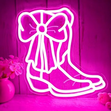 Panneau LED en forme de botte de cowboy avec nœud rose - Décoration murale occidentale à intensité variable - Décoration murale de cowgirl - Décoration de chambre - Esthétique - Cadeaux de (1/5)