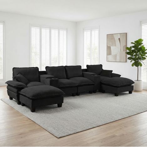 Modulares U-Sofa Chenille Schwarz 392x151x90 cm mit USB, Stauraum, Getränkehaltern und Ottomanen-Modul (1/5)