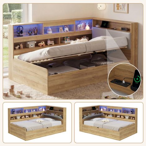 Daybett, Hydraulisches Stauraumbett, Kinderbett 90x200cm, holzbett, Jugendbett, mit USB-Ladestation und LED-Beleuchtung, Naturfarbe (1/5)