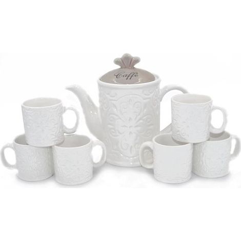 Set 7 Pezzi Caffè The Tè Tazze e Caffettiera in Ceramica Decoro Ecru (1/2)