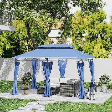 Tonnelle jardin de 3 x 4 m tente de réception avec 6 rideaux amovibles à double toit pour patio. festival. bleu foncé