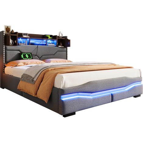 Lit rembourré 140x200cm, avec prise USB-C, fonction de charge, bande lumineuse d'ambiance sous le lit, tête de lit avec rangement, lit coffre hydraulique, sans matelas, avec LED, gris (1/5)