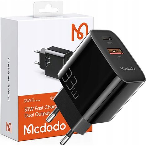 Cargador de pared rápido Mcdodo para teléfono, fuente de alimentación 2X USB USB-C PD 33W (1/5)