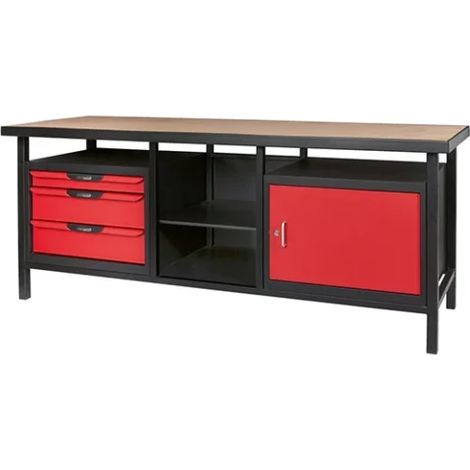 Kstools – Établi d’atelier professionnel 1 porte 3 tiroirs – Plateau bois massif 40mm – Charge 400kg – Dimensions L 2000 x P 635 x H 850mm