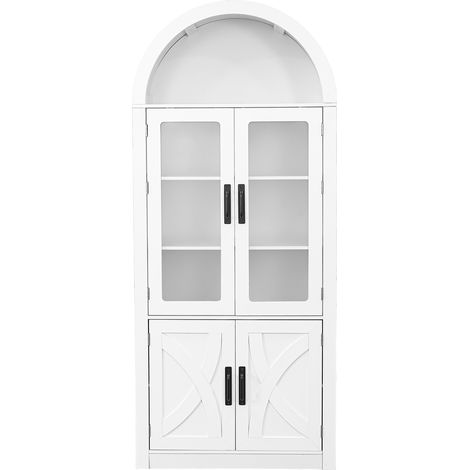 Parrot Uncle 177cm Tall Display Cabinet, Farmhouse Arched Storage Cabinet with Shelves, Double Doors & Hidden Storage, White (1/5)