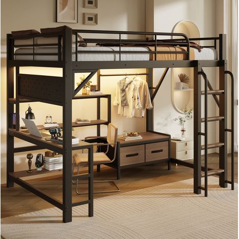 Cama alta 140 x 200 cm con escritorio, almacenaje, LED y USB, negro HAVRYA (1/5)