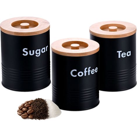 Relaxdays Barattoli da Cucina per Caffè, Zucchero e Tè, Set 3 Contenitori con Coperchio Ermetico, 14x11 cm, Nero Bambù