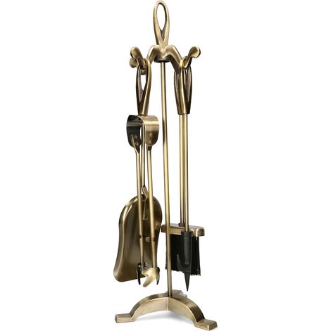 Kotarbau – Serviteur de cheminée 4 pièces en métal laiton poli – Tisonnier, pince et pelle à charbon – Design rétro élégant pour cheminée (1/5)
