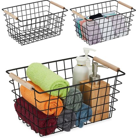 Relaxdays Cestas Metálicas de Rejilla, Set de 3, Asas de Madera, 16 x 31 x 21 cm, Cuadradas, Baño y Cocina, Negro