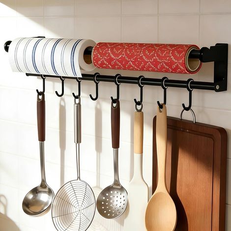 Barre de Ustensiles Suspension 60 cm, Porte-Ustensiles Mural avec 8 Crochets Déplaçable, Patère de Cuisine Multifonctionnel, pour Spatules, Planches à Découper, Cuillères (1/5)