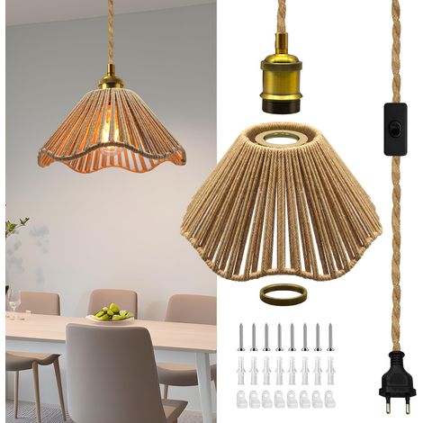 Lustre en Corde de Chanvre 5.1M, Suspension Luminaire en Laiton Vintage avec Abat-Jour en Corde de Chanvre Tressé, Douille E27 avec Interrupteur, DIY Lampe Suspendue Industrielle pour Salon Chambre (1/5)