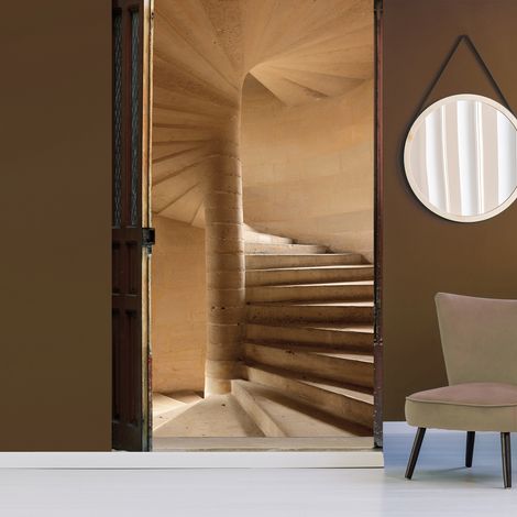 Papier peint intissé panoramique 250 cm X 150 cm, style forteresse, porte en bois ouvrant sur escalier en pierre. (1/2)